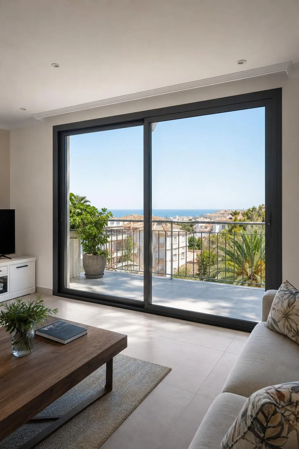 Ventana corredera de aluminio gris antracita en un salón
