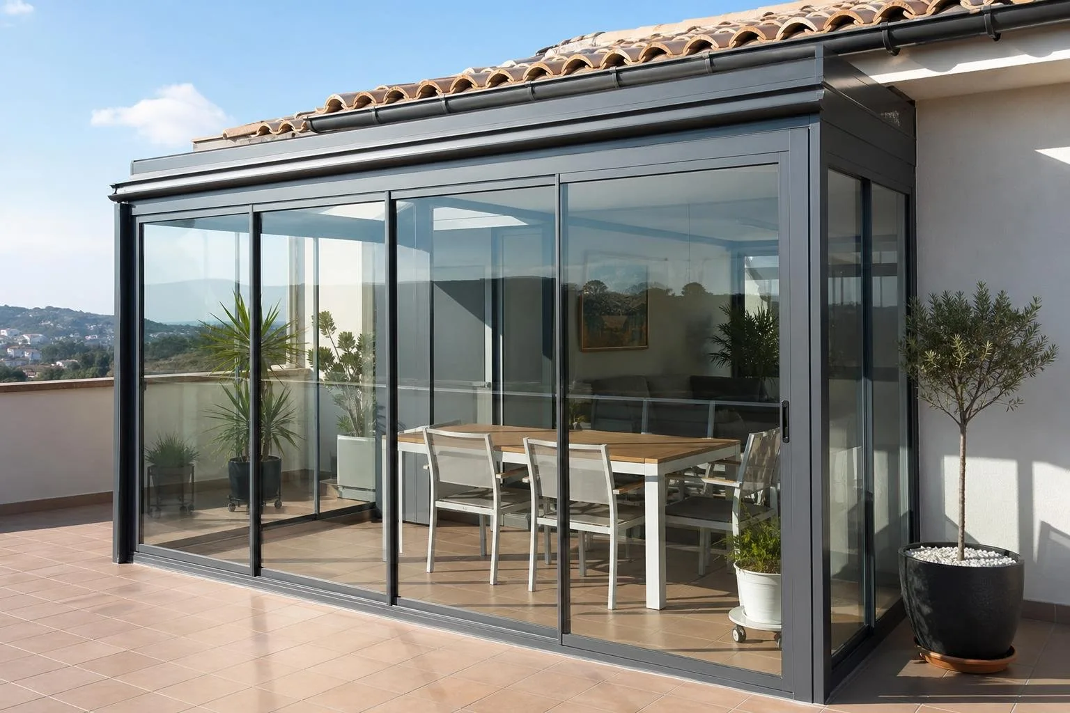 Terraza cerrada con paneles de vidrio correderos