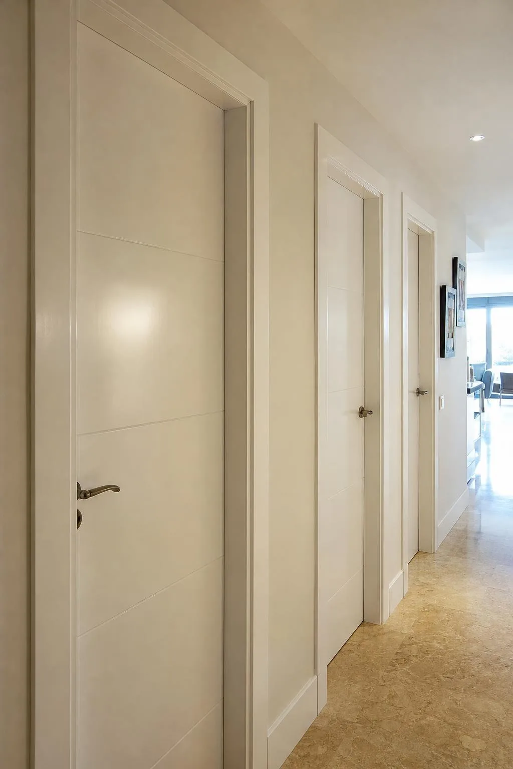 Puertas interiores lacadas en blanco en un pasillo